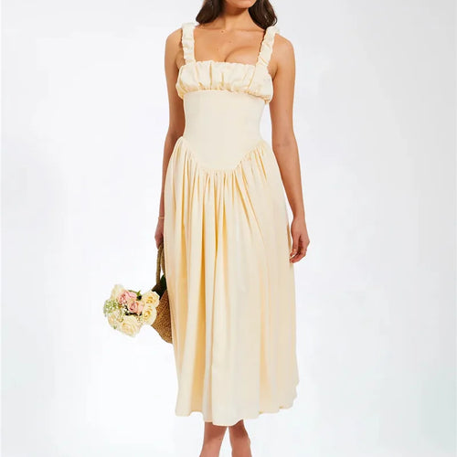 Load image into Gallery viewer, Elegant Satin Backless Midi Dress For Women High Quality Sundress Fashion Square Collar Sleeveless Loose Pleated Dress
