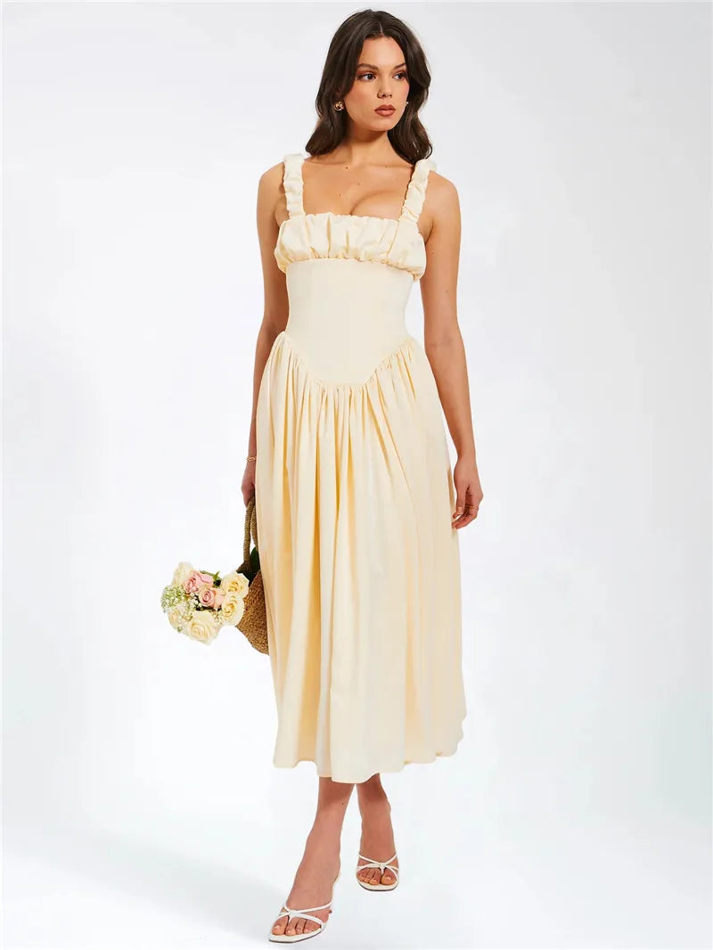 Elegant Satin Backless Midi Dress For Women High Quality Sundress Fashion Square Collar Sleeveless Loose Pleated Dress