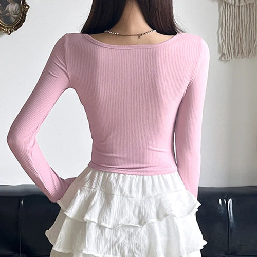 Load image into Gallery viewer, Korean Pink Sweet Patched Women&#39;s T-shirts Fall Tie-Up Girls Cutecore Coquette Clothes Tee Shirts Short Tops Contrast
