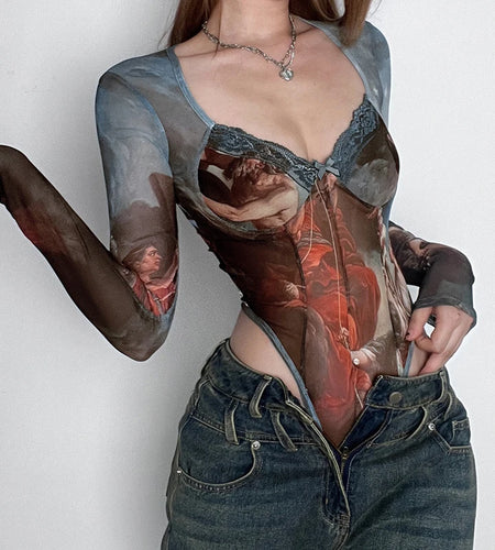 Vintage Fashion Pattern Printed Skinny Mesh Bodycon Women Lace Trim Bow Club Party Sexy Body Catsuit Elegant Outfits