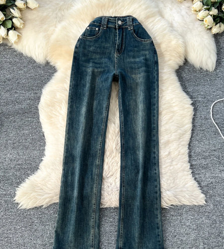 Spring Korean Version Vintage Blue High Waist Straight Denim Pant Women Ankle-length Wide Leg Jeans Fashion Popular Trousers New