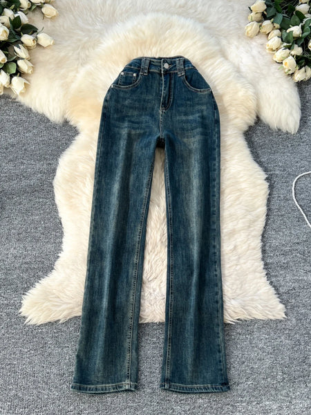 Spring Korean Version Vintage Blue High Waist Straight Denim Pant Women Ankle-length Wide Leg Jeans Fashion Popular Trousers New