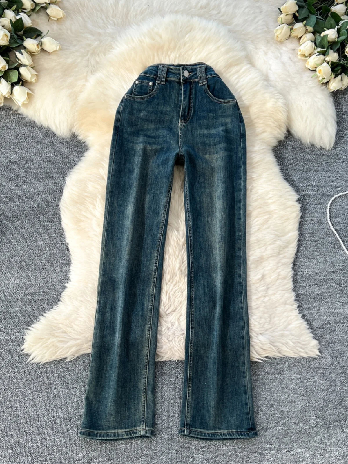 Spring Korean Version Vintage Blue High Waist Straight Denim Pant Women Ankle-length Wide Leg Jeans Fashion Popular Trousers New
