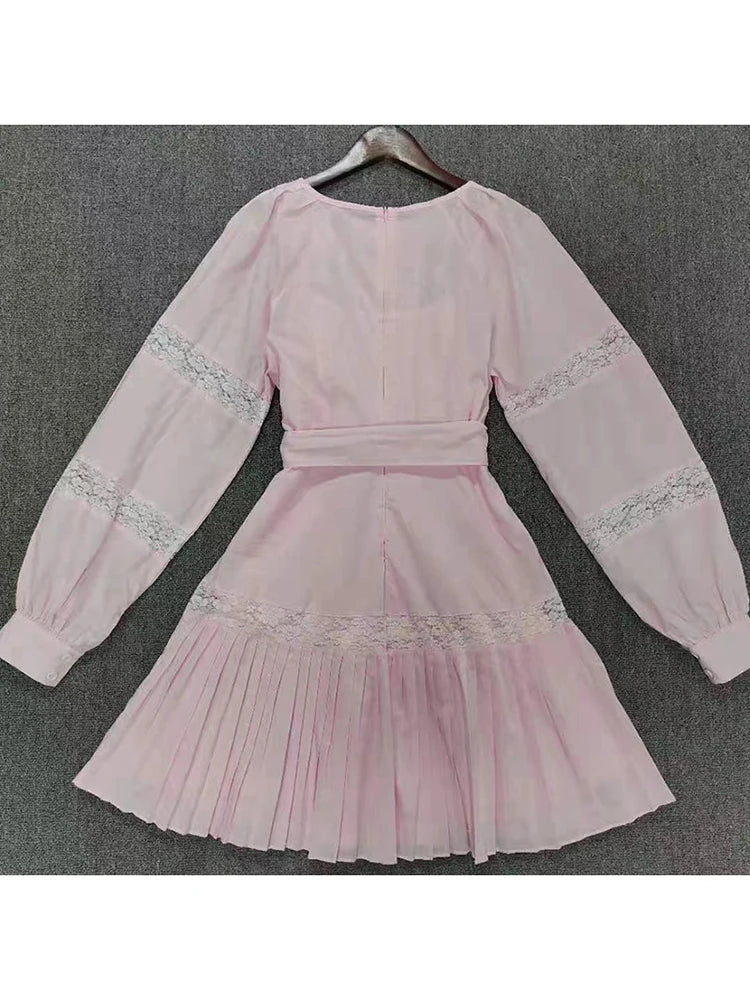 Korean Plain Dress For Women Round Neck Loose Long Sleeve Patchwork Bowknot High Waist Mini Dresses Female 2022 Spring Style