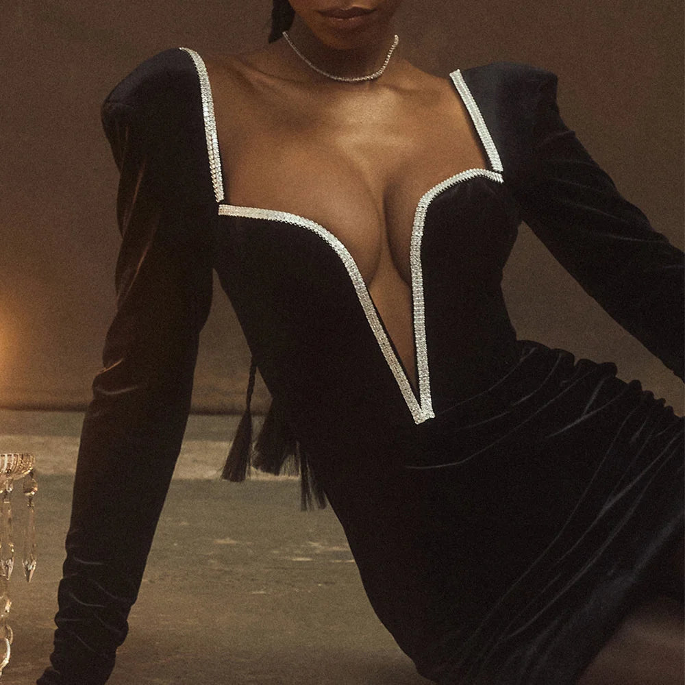 Long Sleeve Sexy Deep V Neck Wired Diamante Crystal Padded Should Bodycon Outfits Women Winter Velvet Party Dress