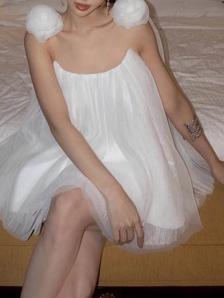 Solid Spliced Appliques Loose Mini Dresses For Women Strapless Sleeveless High Waist Temperament Dress Female New