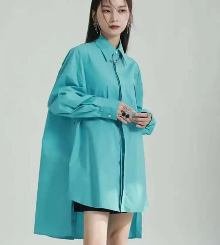 Women Blue Irregular Big Size Long Blouse New Lapel Long Sleeve Loose Fit Shirt Fashion Tide Spring Autumn 2025 1DF6598