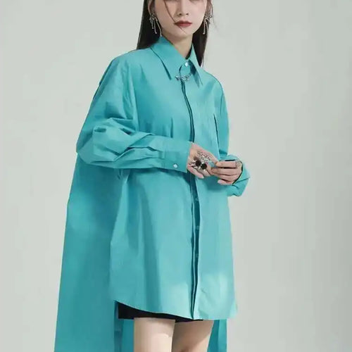 Load image into Gallery viewer, Women Blue Irregular Big Size Long Blouse New Lapel Long Sleeve Loose Fit Shirt Fashion Tide Spring Autumn 2025 1DF6598
