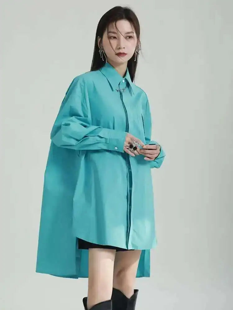 Women Blue Irregular Big Size Long Blouse New Lapel Long Sleeve Loose Fit Shirt Fashion Tide Spring Autumn 2025 1DF6598