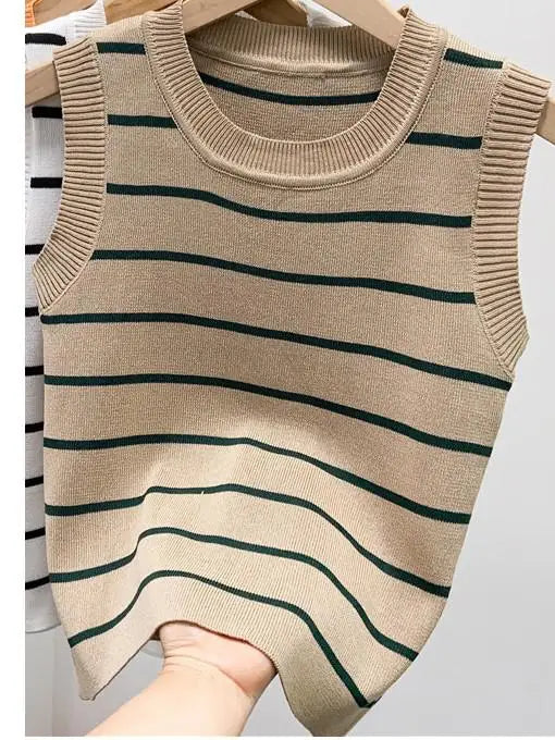 New 2024 Vintage Basic Bottoming Striped Patchwork Knit Vest Women Autumn Winter Elegant Sleeveless Slim Short Tank Tops Fashion