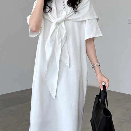Load image into Gallery viewer, Women White Bandage Irregular Big Size Midi Dress New Round Neck Short Sleeve Fashion Tide Spring Summer 2025 1DJ1263
