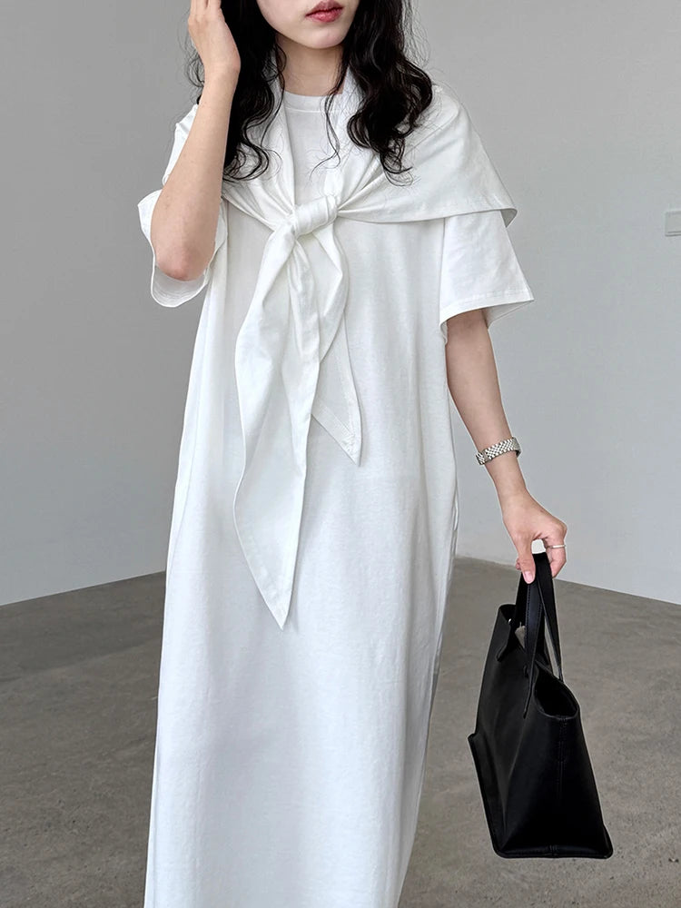 Women White Bandage Irregular Big Size Midi Dress New Round Neck Short Sleeve Fashion Tide Spring Summer 2025 1DJ1263