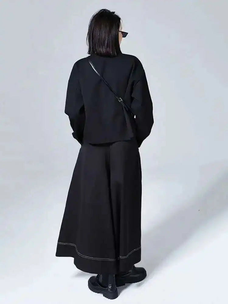 Women Black Topstitched Big Size Irregular T-shirt New Round Neck Long Sleeve Fashion Tide Spring Autumn 2025 1DF0629