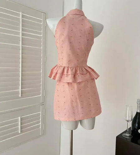 Summer Women Vintage Pink Button Sexy Off Shoulder Ruffles Sleeveless Short Tops High Waist Short Skirt 2025 Two-piece Set Trend