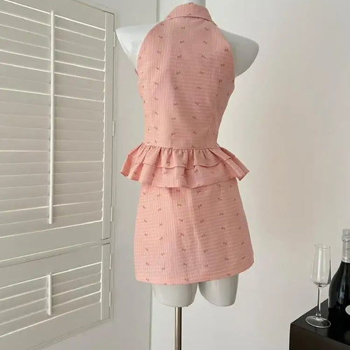Load image into Gallery viewer, Summer Women Vintage Pink Button Sexy Off Shoulder Ruffles Sleeveless Short Tops High Waist Short Skirt 2025 Two-piece Set Trend
