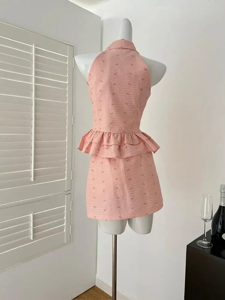 Summer Women Vintage Pink Button Sexy Off Shoulder Ruffles Sleeveless Short Tops High Waist Short Skirt 2025 Two-piece Set Trend