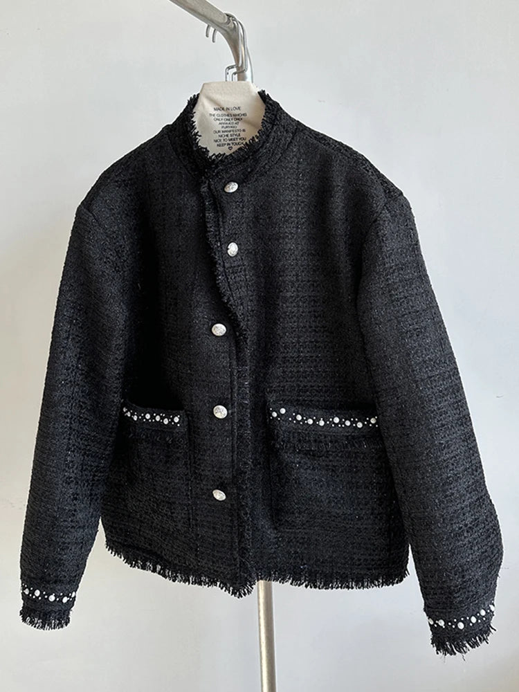 Black Nailed Elegant Big Size Tweed Jacket New Stand Collar Long Sleeve Women Coat Fashion Tide Spring Autumn 2025 1DH9562