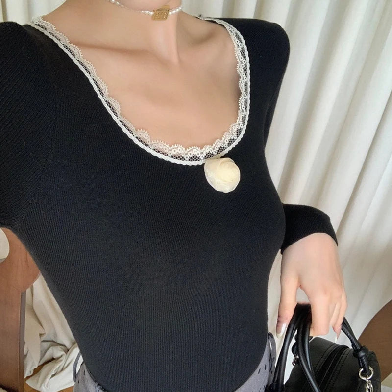 y2k Clothes Tops Women 3D Flower Lace Trim Round Neck Long Sleeve Ribbed T Shirt 2000s Aesthetic Clothing Streetwear