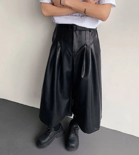 Men's PU Leather Shorts New American Style Wide Leg Solid Color Men Bottoms Male Trendy Loose Seven Quarter Pants 9W1521