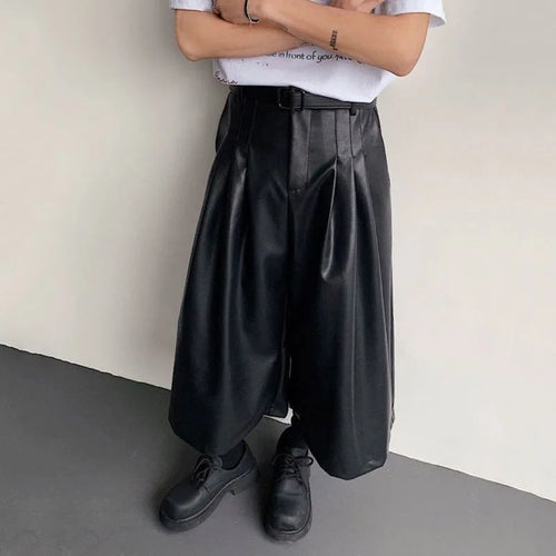 Load image into Gallery viewer, Men&#39;s PU Leather Shorts New American Style Wide Leg Solid Color Men Bottoms Male Trendy Loose Seven Quarter Pants 9W1521
