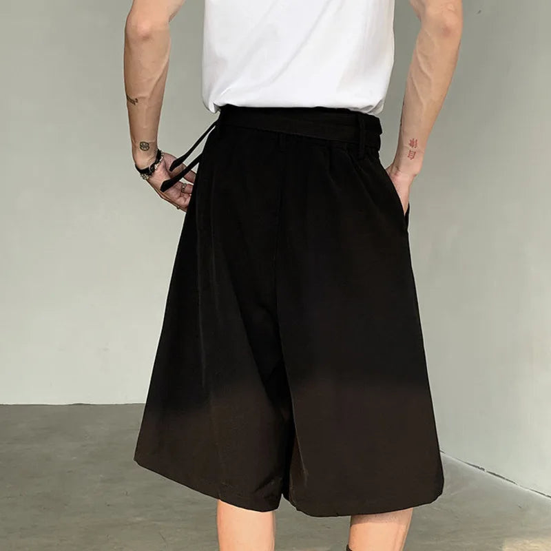 Summer Men's Five-point Shorts Casual Straight Double Belt Design High-waisted Black Male Clothing Wide Leg 9C5517