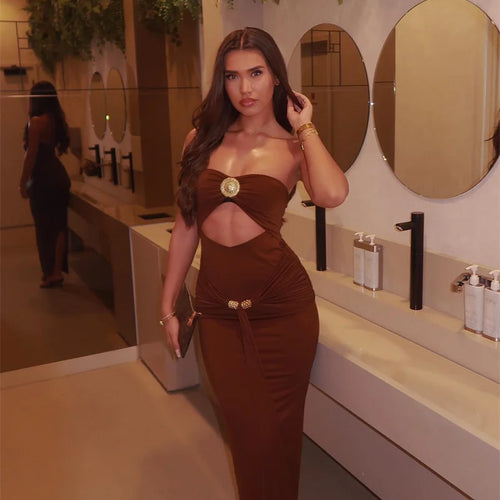 Load image into Gallery viewer, Hollow Out Backless Sexy Maxi Dress Women Gown Summer New Off-shoulder Strapless Sleeveless Ruched Club Long Dress
