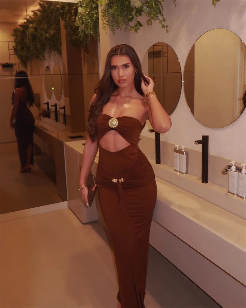 Hollow Out Backless Sexy Maxi Dress Women Gown Summer New Off-shoulder Strapless Sleeveless Ruched Club Long Dress