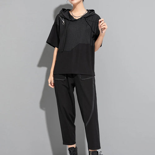 Load image into Gallery viewer, Women Black Zipper Drawstring Spliced Big Size T-shirt New Hooded Short Sleeve Fashion Tide Spring Summer 2025 1DJ1775
