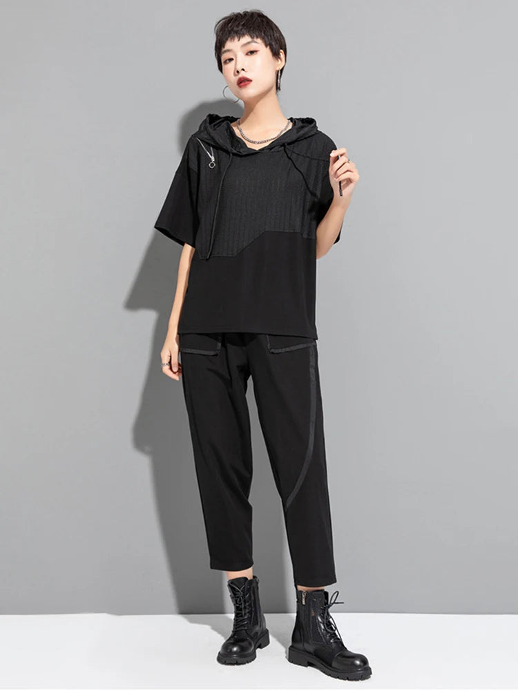 Women Black Zipper Drawstring Spliced Big Size T-shirt New Hooded Short Sleeve Fashion Tide Spring Summer 2025 1DJ1775