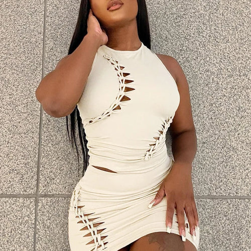 Load image into Gallery viewer, Pure Color O Neck Cut Out Sexy Ruched Crop Tank Top Mini Skirt 2 Piece Matching Sets 2023 Summer Casual Vacation Sports
