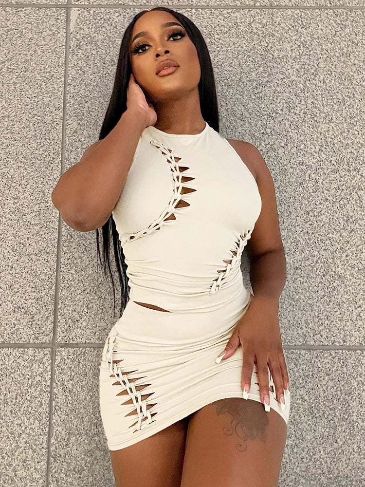 Pure Color O Neck Cut Out Sexy Ruched Crop Tank Top Mini Skirt 2 Piece Matching Sets 2023 Summer Casual Vacation Sports