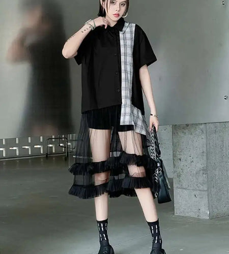 Women Black Plaid Mesh Spliced Big Size Midi Shirt Dress New Lapel Short Sleeve Fashion Tide Spring Summer 2025 1DJ0635