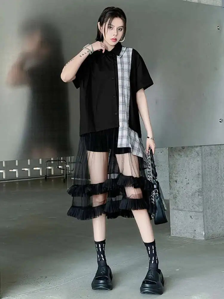 Women Black Plaid Mesh Spliced Big Size Midi Shirt Dress New Lapel Short Sleeve Fashion Tide Spring Summer 2025 1DJ0635