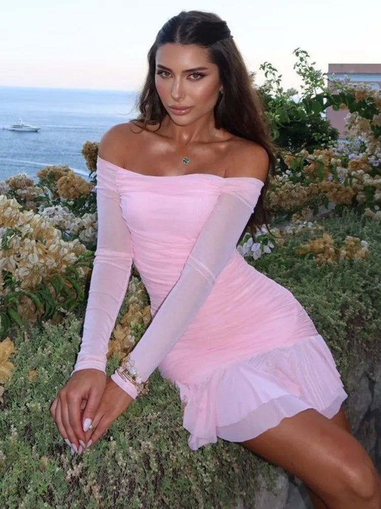 Elegant One Shoulder Double Layer High Elasticity Tight Dress For Women Bodycon Fall 2024 Female Party Evening Dress