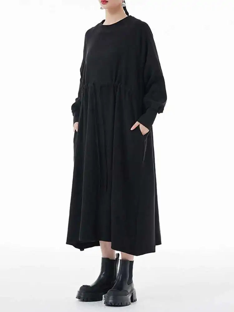 Women Army Green Big Size A-line Long Dress New Round Neck Long Sleeve Loose Fashion Tide Spring Autumn 2025 1DH3874