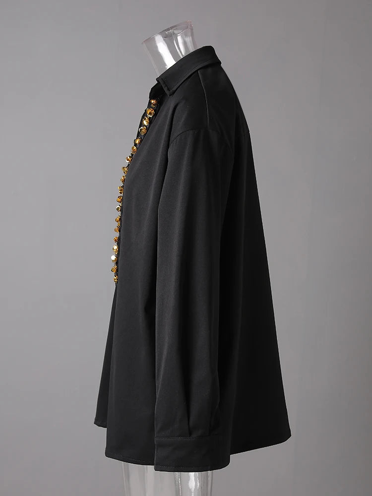 Women Black Rhinestones Big Size Elegant Blouse New V-neck Long Sleeve Shirt Fashion Tide Spring Autumn 2025 CPG3073