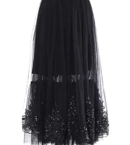 High Elastic Waist Black Sequins Mesh Elegant A-line Half-body Skirt Women Fashion Tide New Spring Autumn 2025 1DH8429
