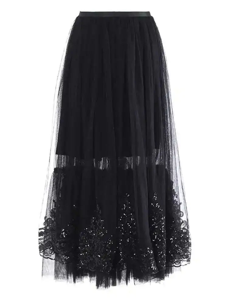 High Elastic Waist Black Sequins Mesh Elegant A-line Half-body Skirt Women Fashion Tide New Spring Autumn 2025 1DH8429