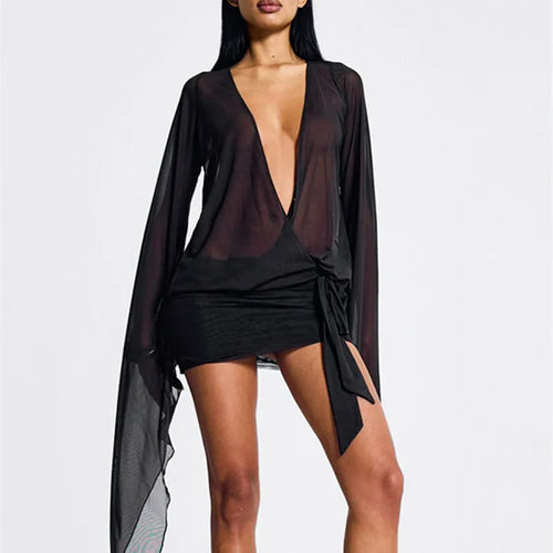 Load image into Gallery viewer, Mesh See Through Sexy Mini Dress For Women Black Sheer Mesh Deep V Neck Long Sleeve Backless Draped Ruched Dress
