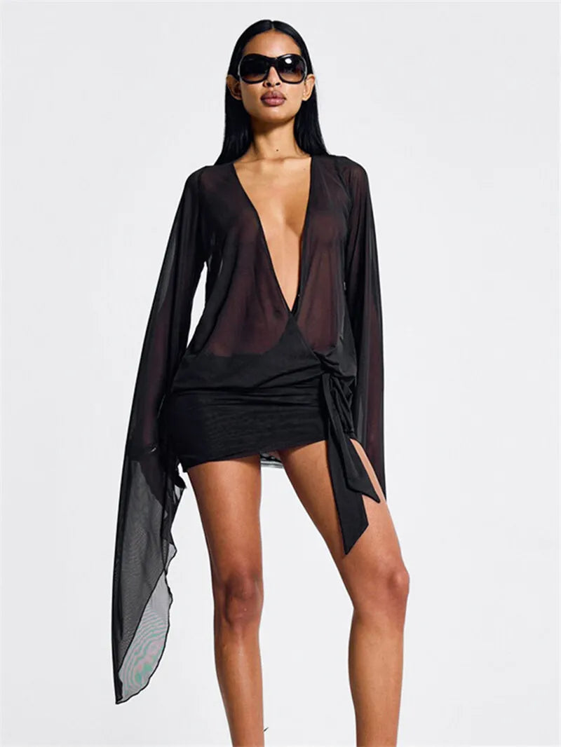 Mesh See Through Sexy Mini Dress For Women Black Sheer Mesh Deep V Neck Long Sleeve Backless Draped Ruched Dress