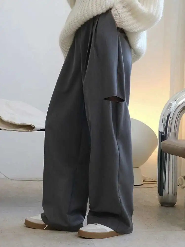High Waist Gray Hollow Out PleatedCasual Pants New Loose Fit Trousers Women Fashion Tide Spring Autumn 2025 1DF4461