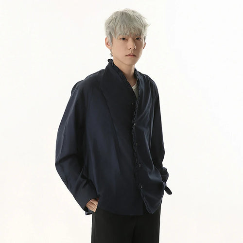 Load image into Gallery viewer, Niche Design Men's Shirts Pleated Lacework Design Solid Color Casual Tops Long Sleeve Single Breasted Loose Menswear 9W1254
