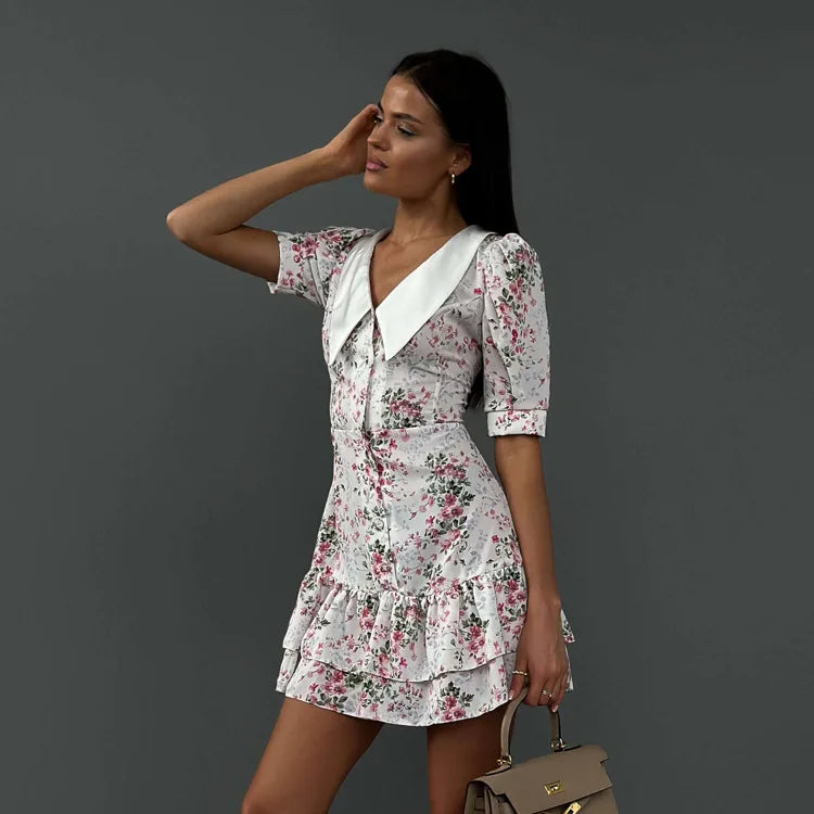 Short Sleeve Floral Mini Dress For Women Robe Turn-down Collar Elegant French Dress Ladies Fashion High Waist Dresses