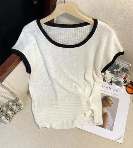 Women Summer Round Neck Patchwork Short Sleeves Knit T-shirt Fashion Festival Casual Ladies Street Button Design Top Popular New