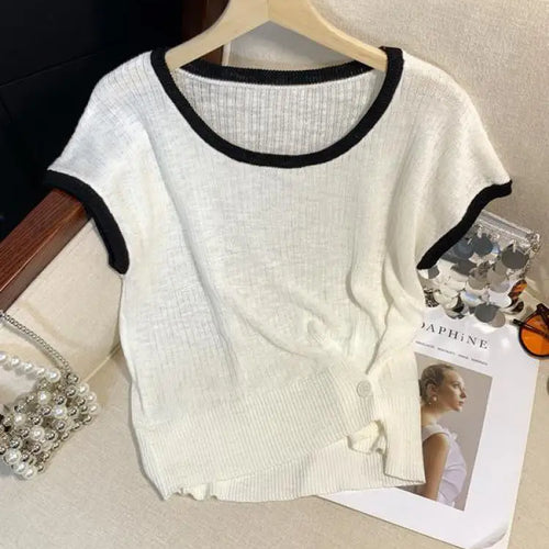 Load image into Gallery viewer, Women Summer Round Neck Patchwork Short Sleeves Knit T-shirt Fashion Festival Casual Ladies Street Button Design Top Popular New

