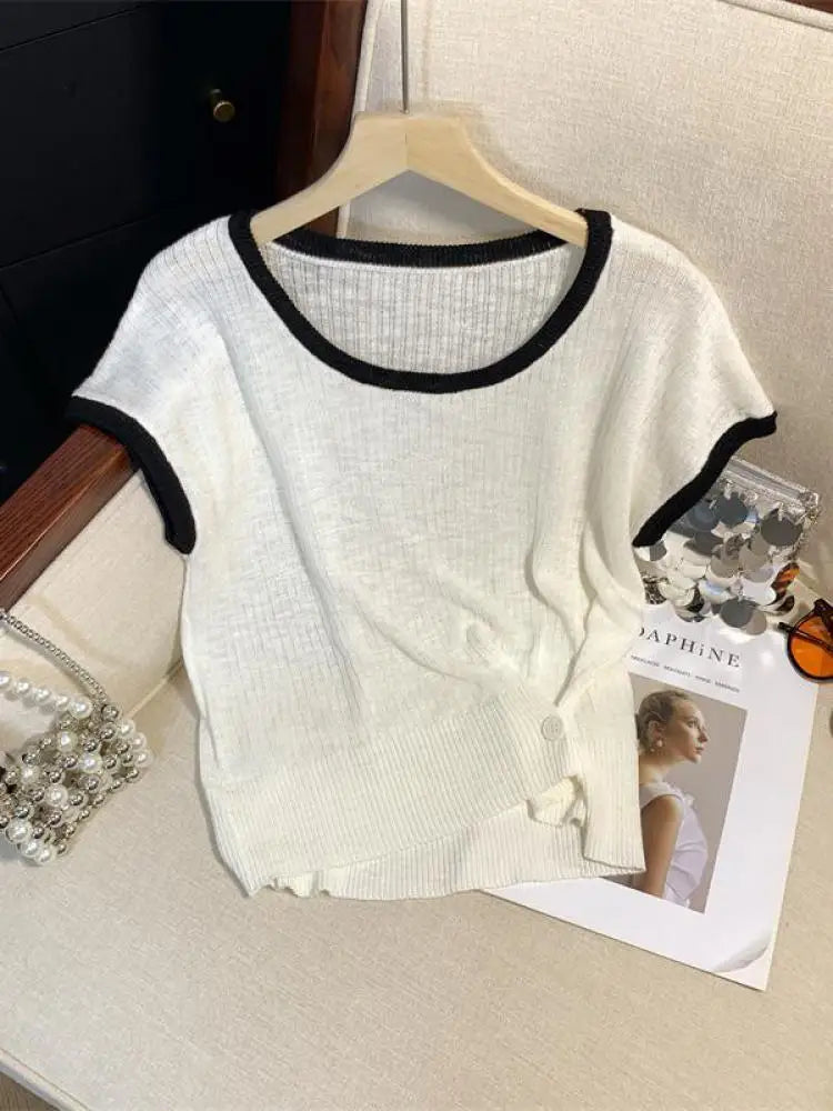 Women Summer Round Neck Patchwork Short Sleeves Knit T-shirt Fashion Festival Casual Ladies Street Button Design Top Popular New