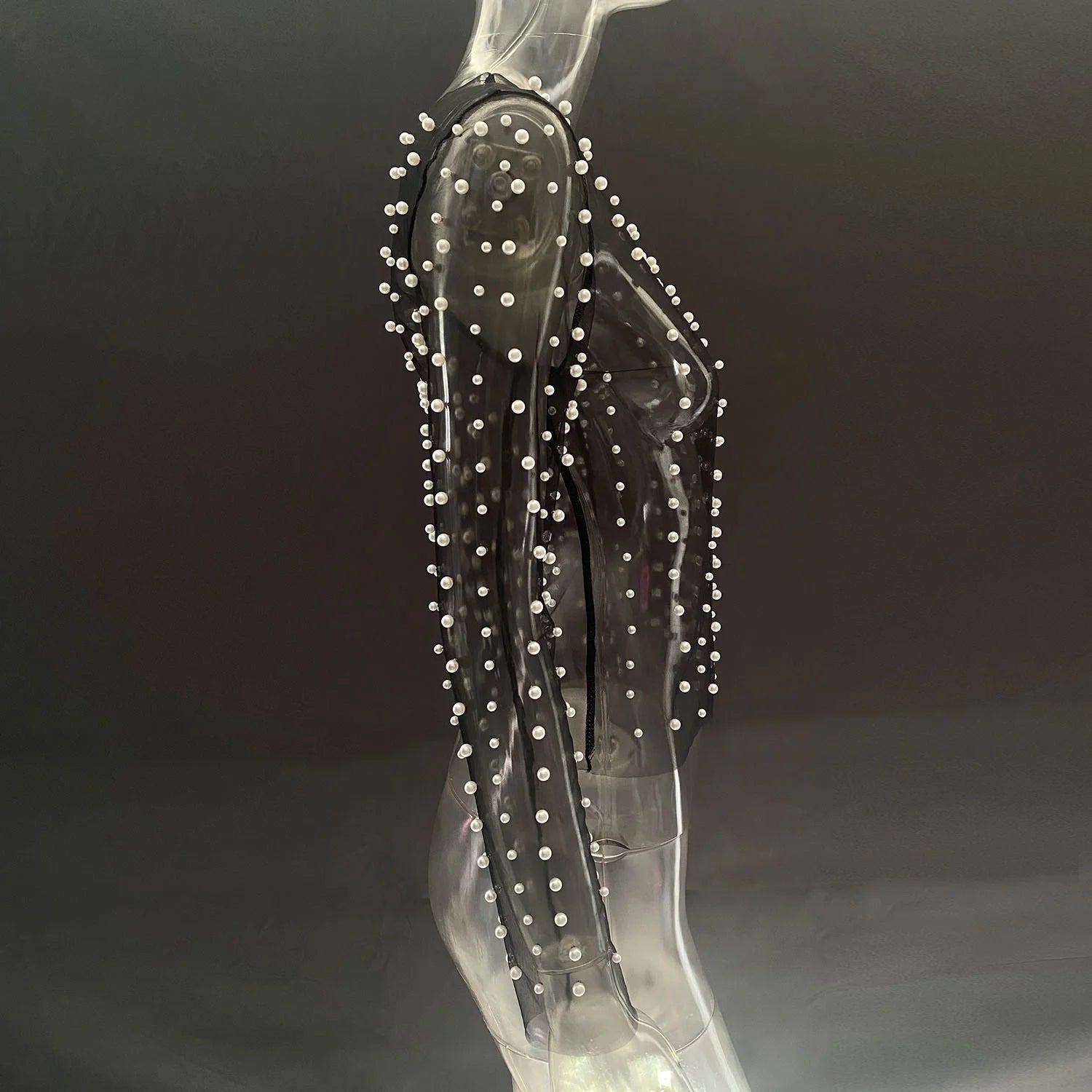 Pearl Mesh See Through T-shirt Women Fashion Long Sleeve Pullover Blouse Ladies Summer U Neck Sexy Tee Shirt Tops