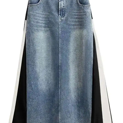 Load image into Gallery viewer, High Elastic Waist Blue Denim Color-block Midi A-line Half-body Skirt Women Fashion Tide New Spring Autumn 2025 1DH0646
