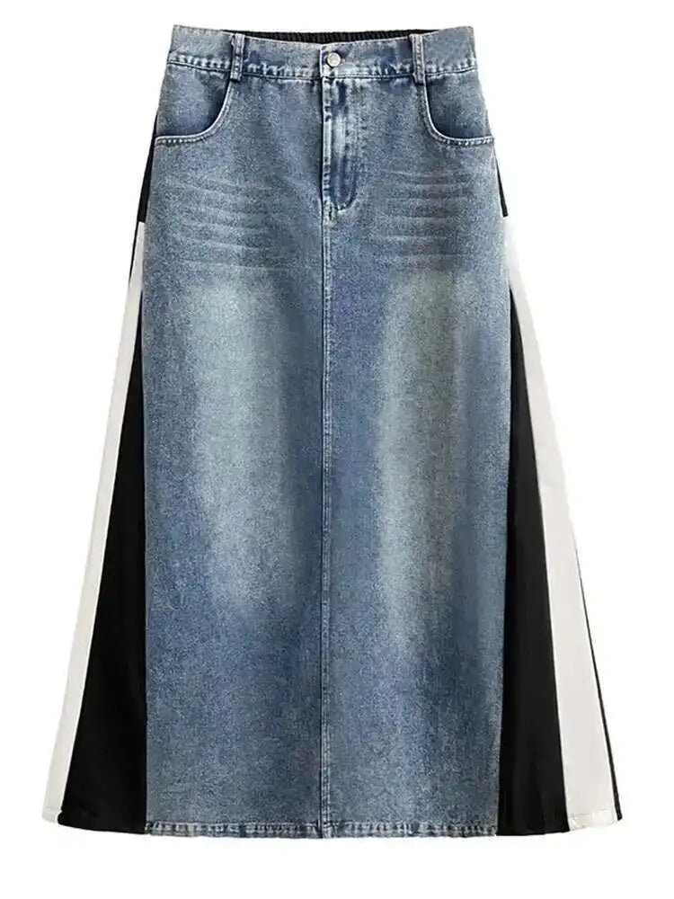 High Elastic Waist Blue Denim Color-block Midi A-line Half-body Skirt Women Fashion Tide New Spring Autumn 2025 1DH0646