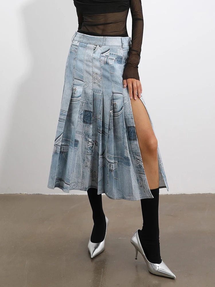 Solid Patchwork Pleated Elegant Denim Skirts For Women High Waist Vintage Split Skirt Female Fashion Clothing